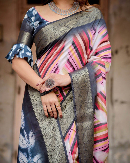 Geometric Multicolor Tussar Silk Saree with Charcoal Gray Zari Border and Abstract Pallu - SEEANS