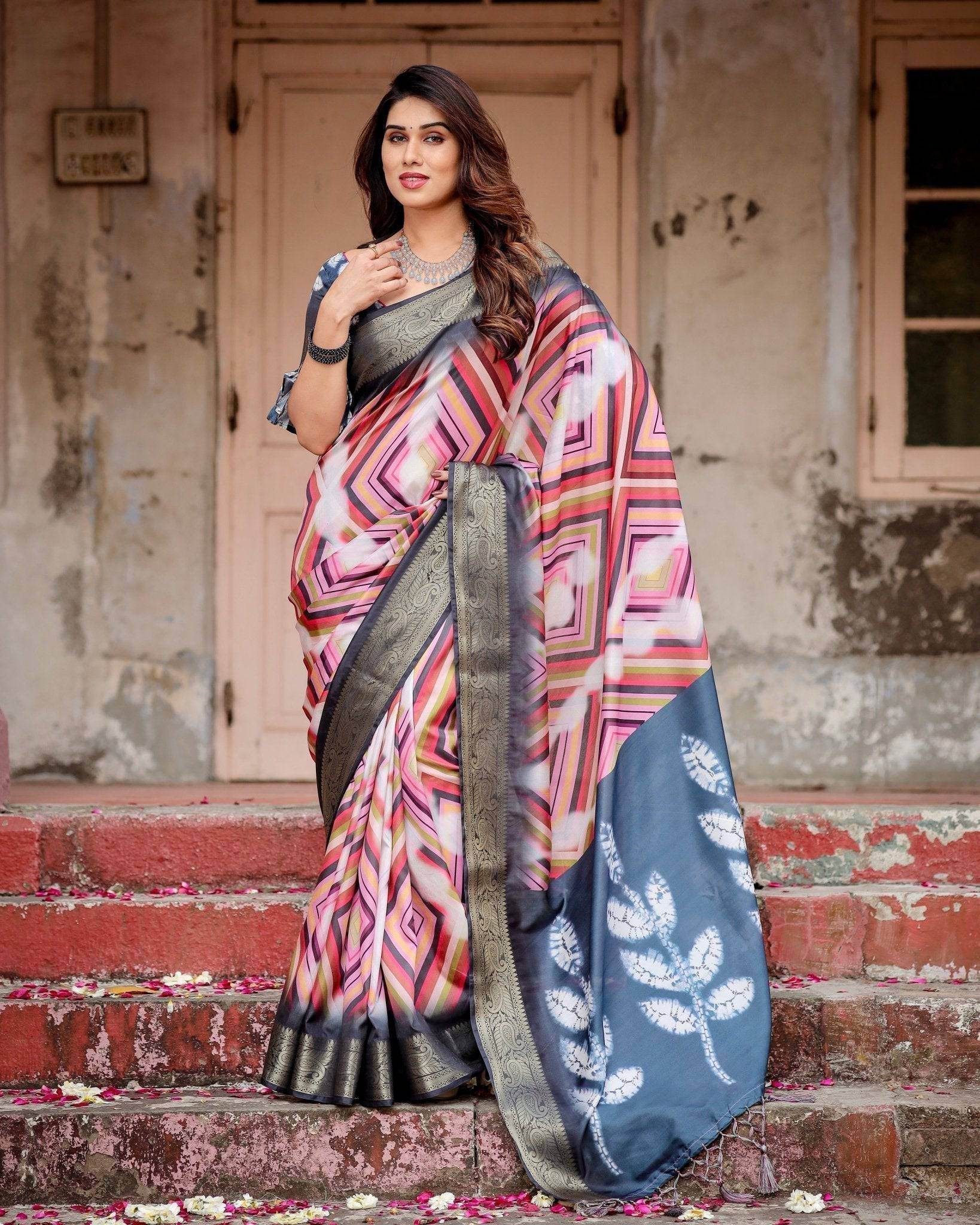 Geometric Multicolor Tussar Silk Saree with Charcoal Gray Zari Border and Abstract Pallu - SEEANS