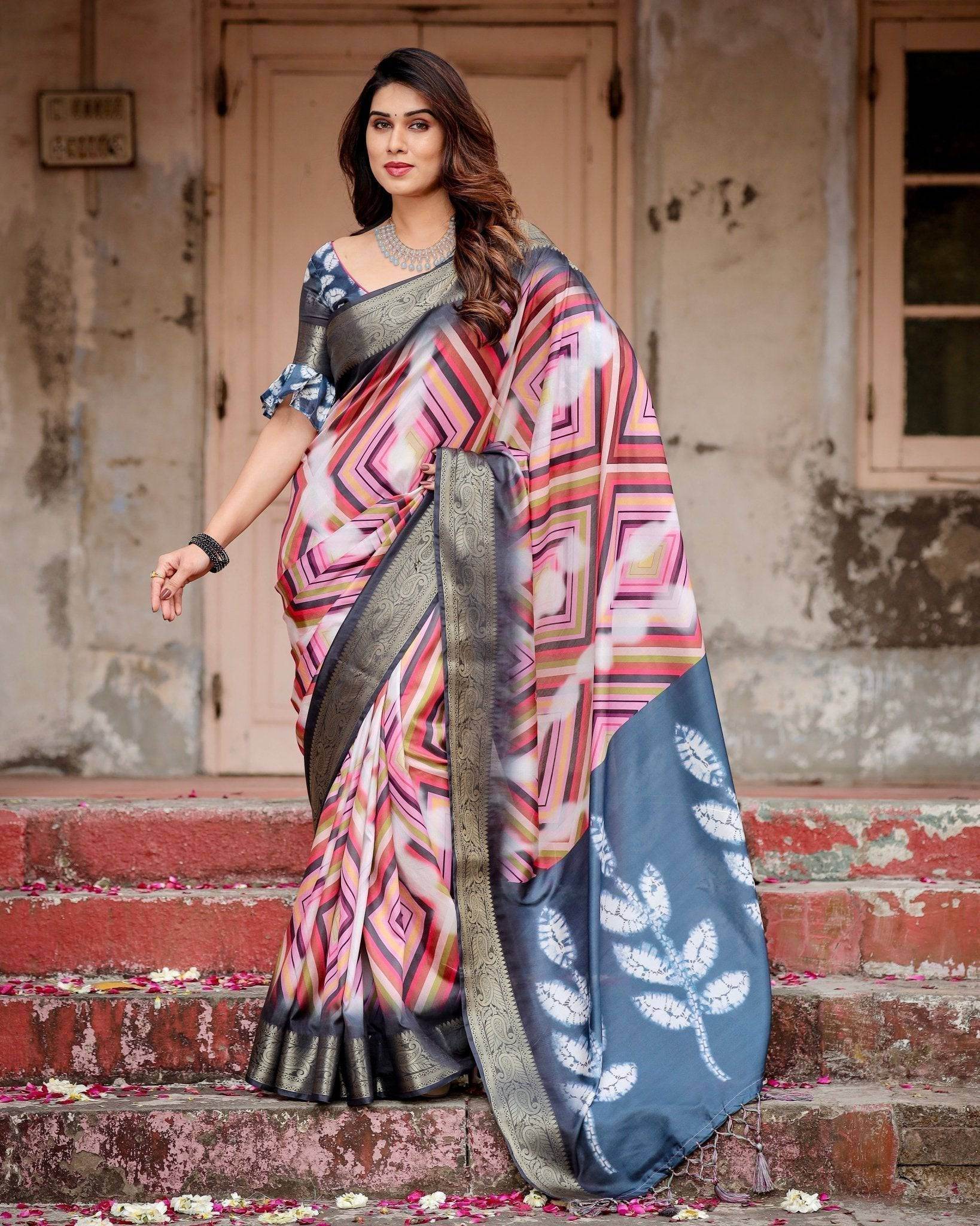 Geometric Multicolor Tussar Silk Saree with Charcoal Gray Zari Border and Abstract Pallu - SEEANS
