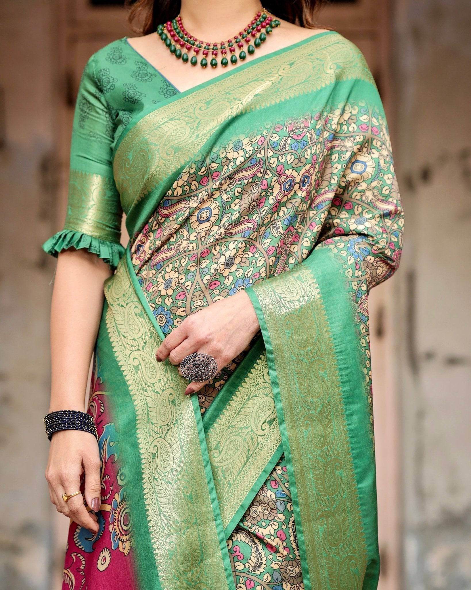 Emerald Green & Magenta Tussar Silk Saree with Zari Weave and Tassel Finish - SEEANS