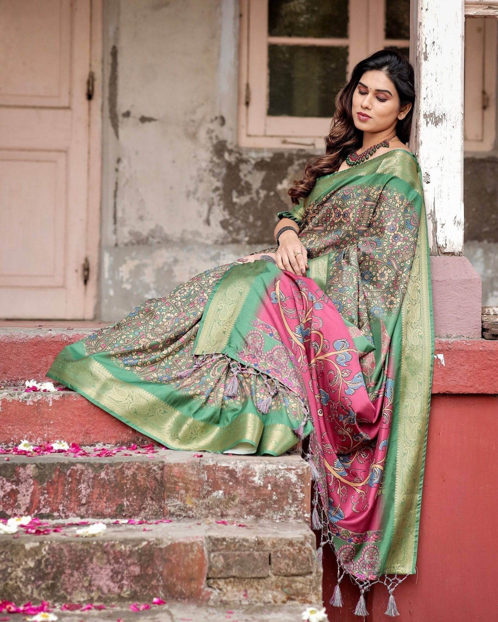 Emerald Green & Magenta Tussar Silk Saree with Zari Weave and Tassel Finish - SEEANS