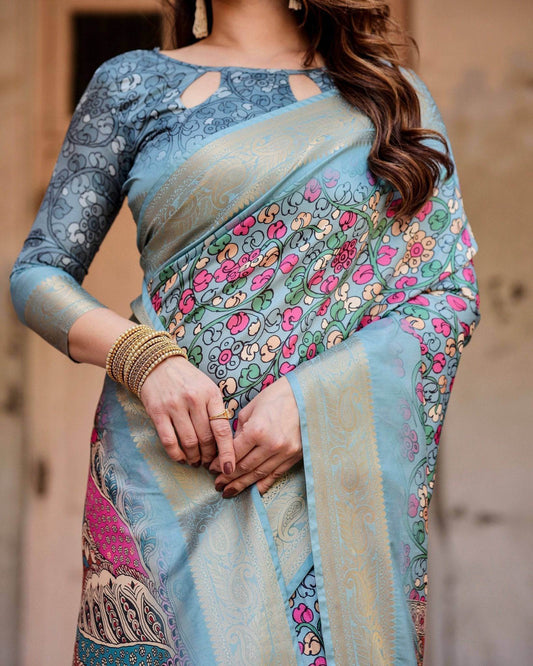 Sky Blue Tussar Silk Saree with Floral Weaves and Ornamental Pallu Design - SEEANS