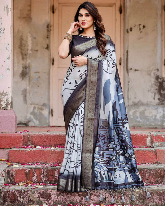 Monochrome Abstract Tussar Silk Saree with Charcoal Gray Zari Border - SEEANS
