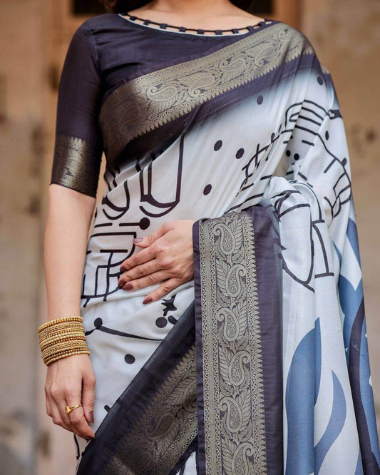 Monochrome Abstract Tussar Silk Saree with Charcoal Gray Zari Border - SEEANS