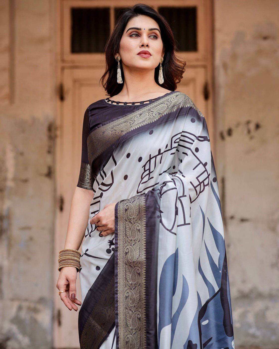 Monochrome Abstract Tussar Silk Saree with Charcoal Gray Zari Border - SEEANS
