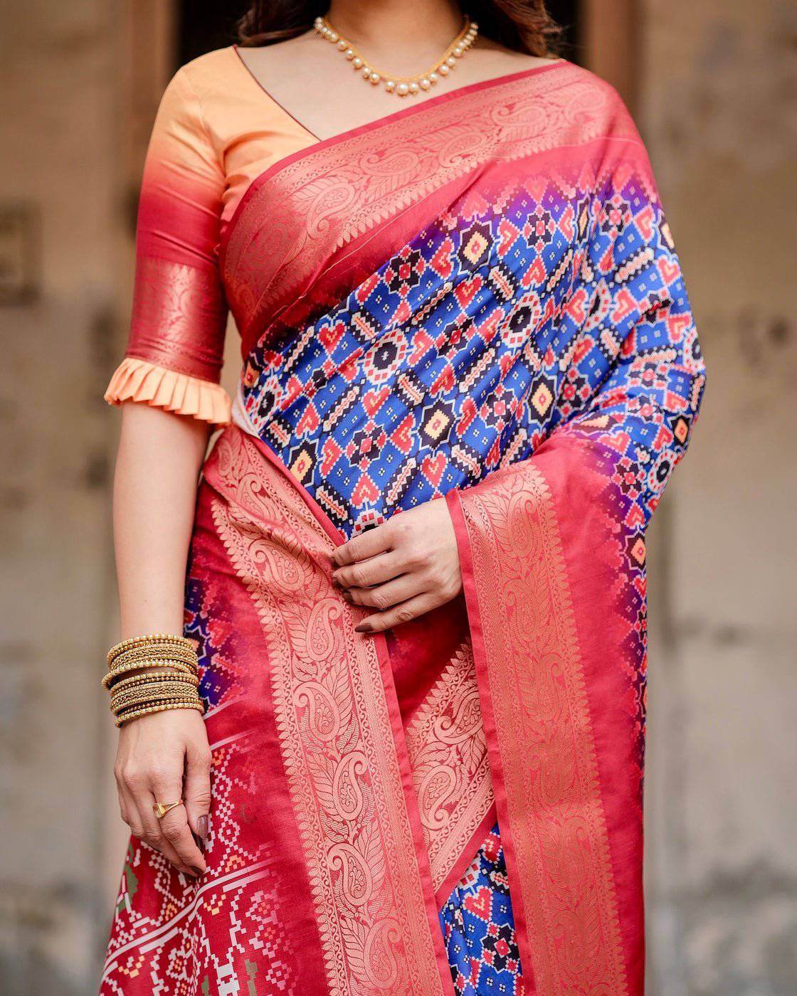 Royal Blue and Red Tussar Silk Saree with Geometric Patterns and Ornate Zari Border - SEEANS