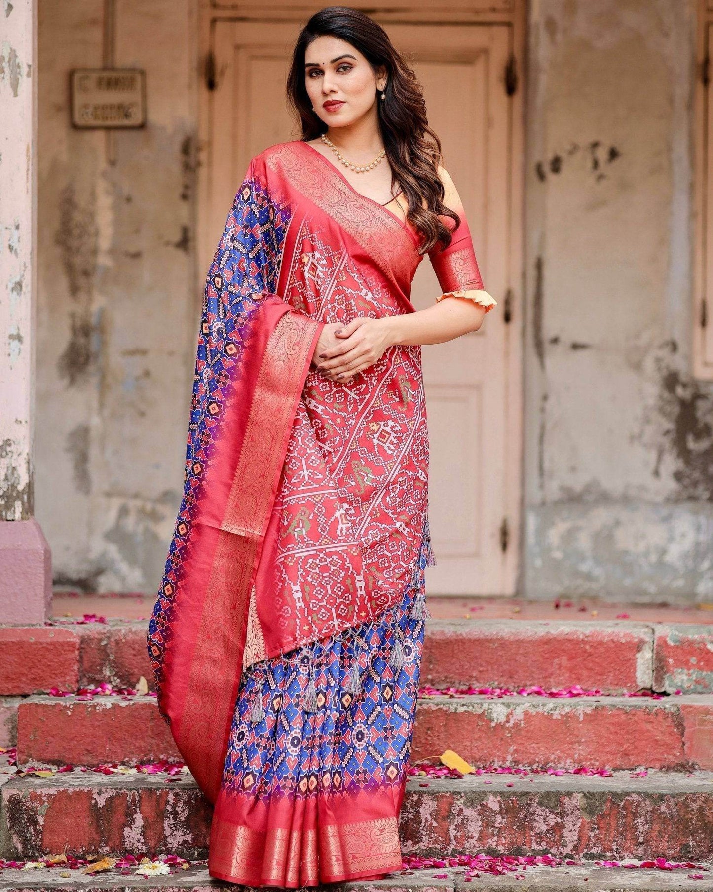 Royal Blue and Red Tussar Silk Saree with Geometric Patterns and Ornate Zari Border - SEEANS
