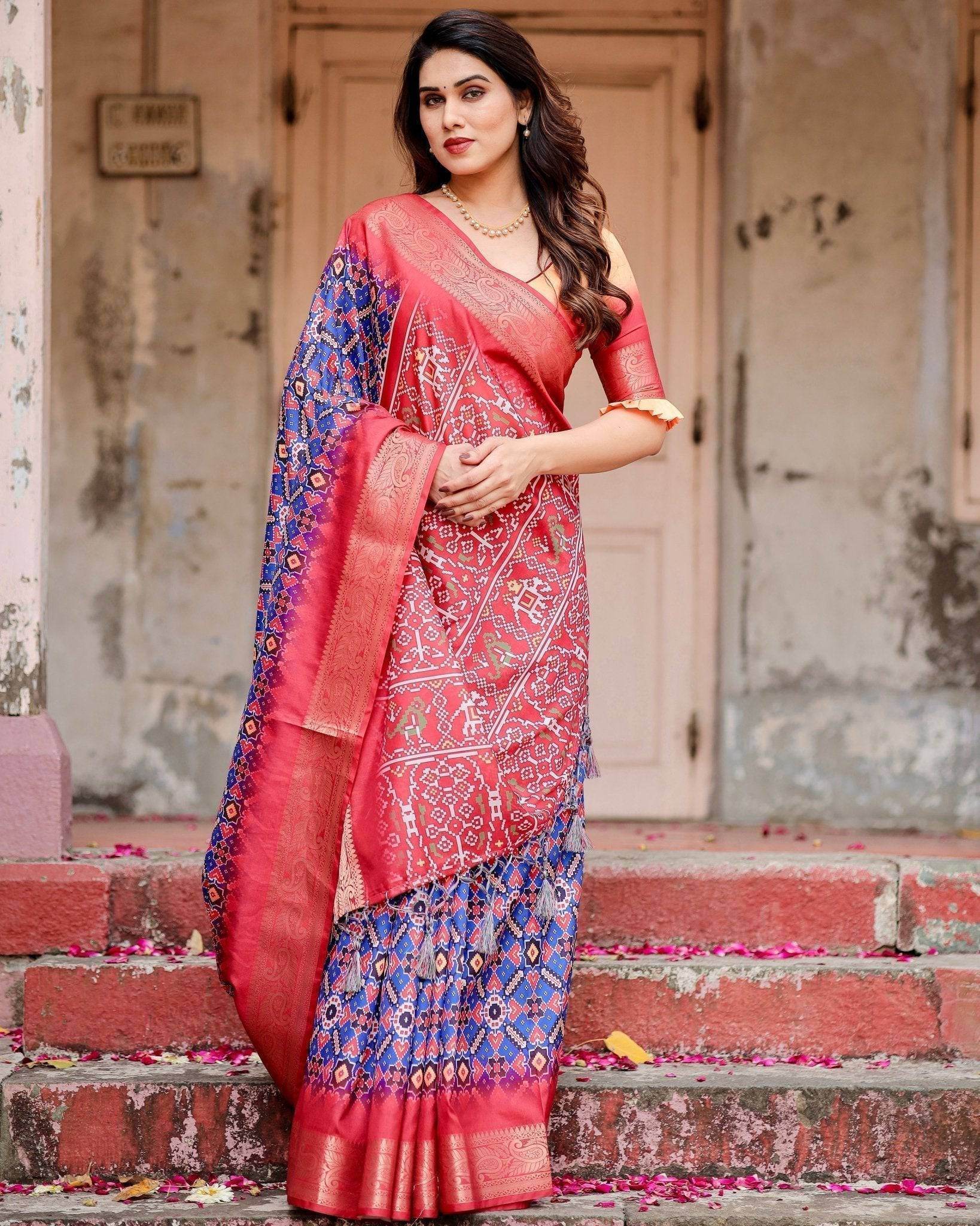 Royal Blue and Red Tussar Silk Saree with Geometric Patterns and Ornate Zari Border - SEEANS