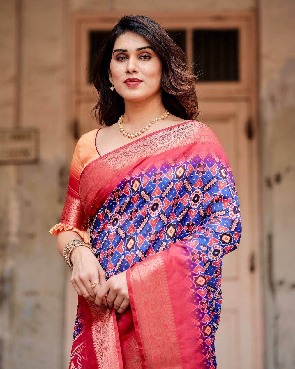 Royal Blue and Red Tussar Silk Saree with Geometric Patterns and Ornate Zari Border - SEEANS
