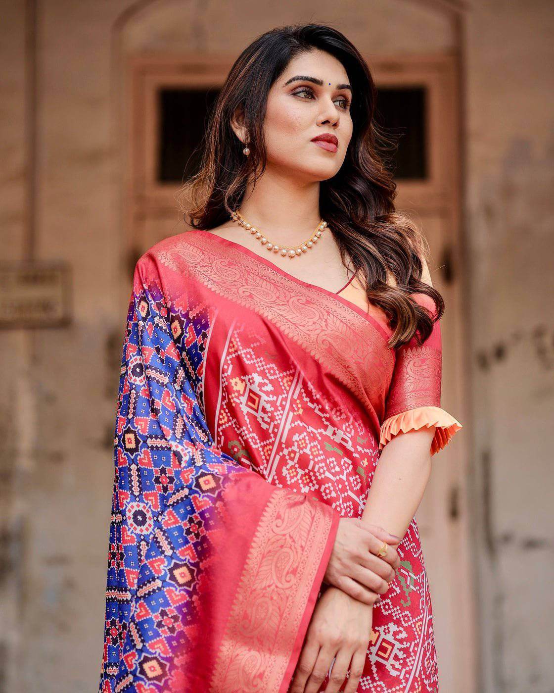 Royal Blue and Red Tussar Silk Saree with Geometric Patterns and Ornate Zari Border - SEEANS