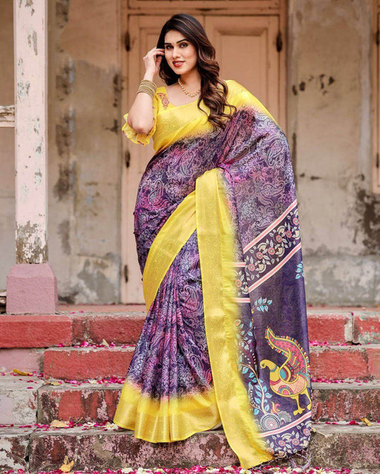 Purple and Yellow Tussar Silk Saree with Artistic Peacock Pallu and Zari Border - SEEANS