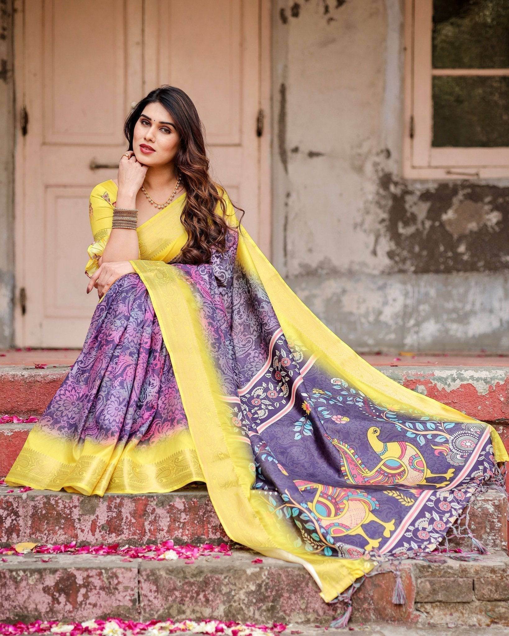 Purple and Yellow Tussar Silk Saree with Artistic Peacock Pallu and Zari Border - SEEANS