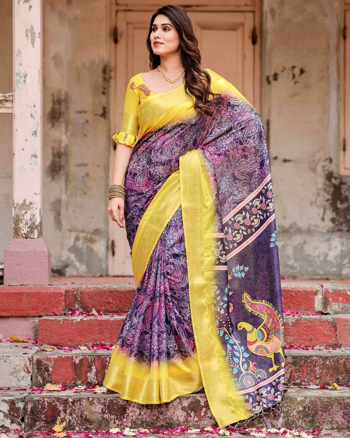 Purple and Yellow Tussar Silk Saree with Artistic Peacock Pallu and Zari Border - SEEANS