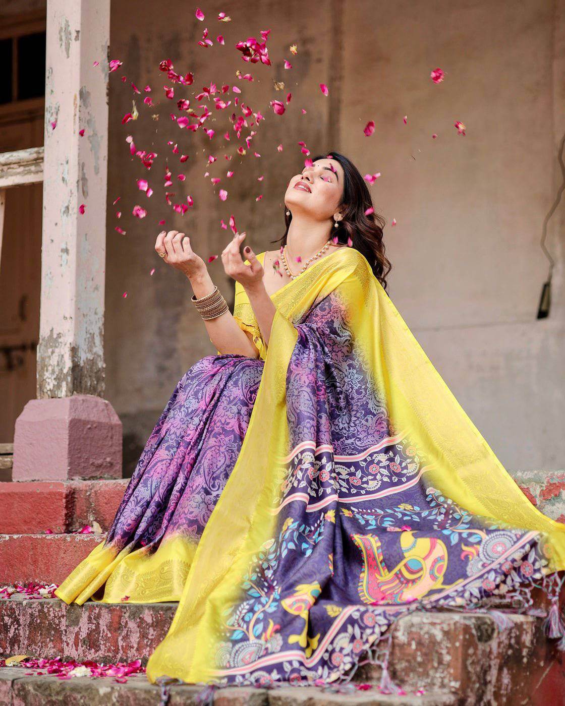 Purple and Yellow Tussar Silk Saree with Artistic Peacock Pallu and Zari Border - SEEANS