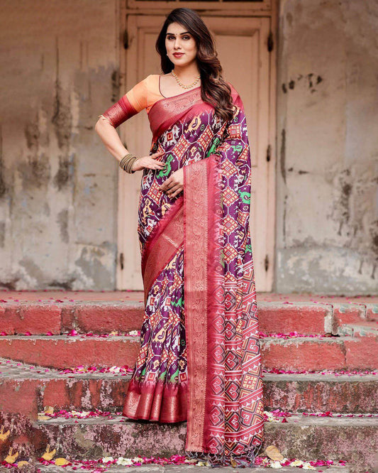 Wine Purple Tussar Silk Saree with Ikat-Inspired Patterns and Rich Zari Border - SEEANS