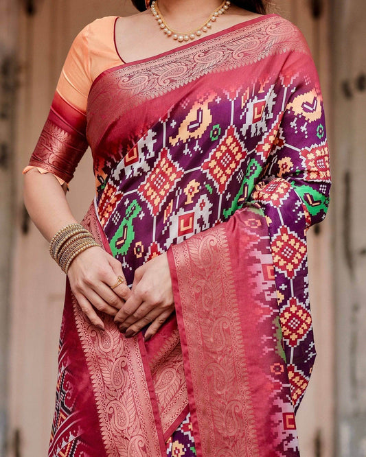 Wine Purple Tussar Silk Saree with Ikat-Inspired Patterns and Rich Zari Border - SEEANS