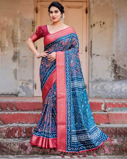 Teal Blue and Coral Tussar Silk Saree with Floral Weaves and Geometric Pallu - SEEANS