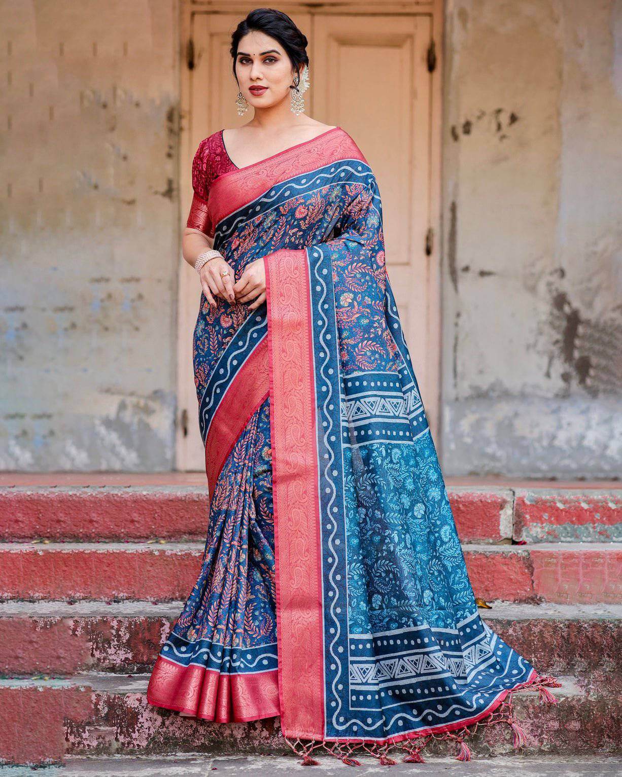 Teal Blue and Coral Tussar Silk Saree with Floral Weaves and Geometric Pallu - SEEANS