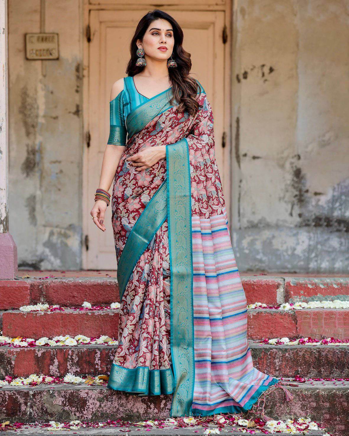 Maroon and Teal Tussar Silk Saree with Floral Zari Weave and Striped Pallu - SEEANS