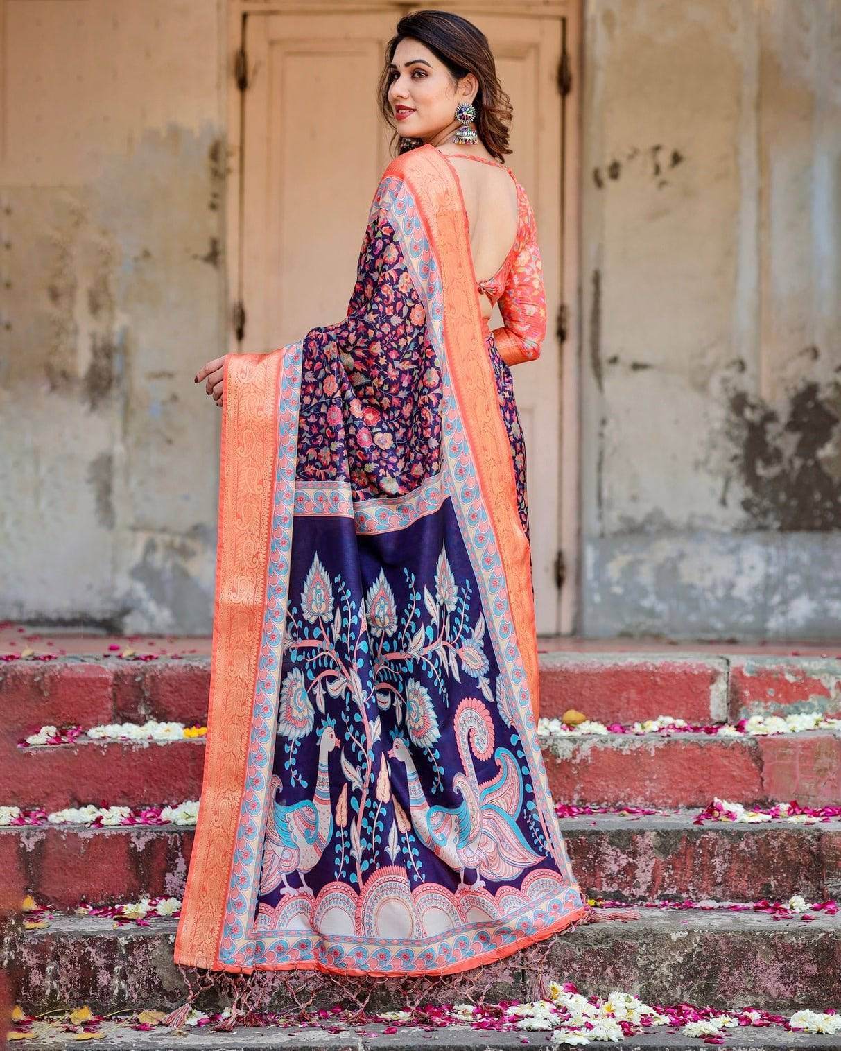 Navy Blue and Peach Tussar Silk Saree with Peacock Motifs and Floral Zari Border - SEEANS