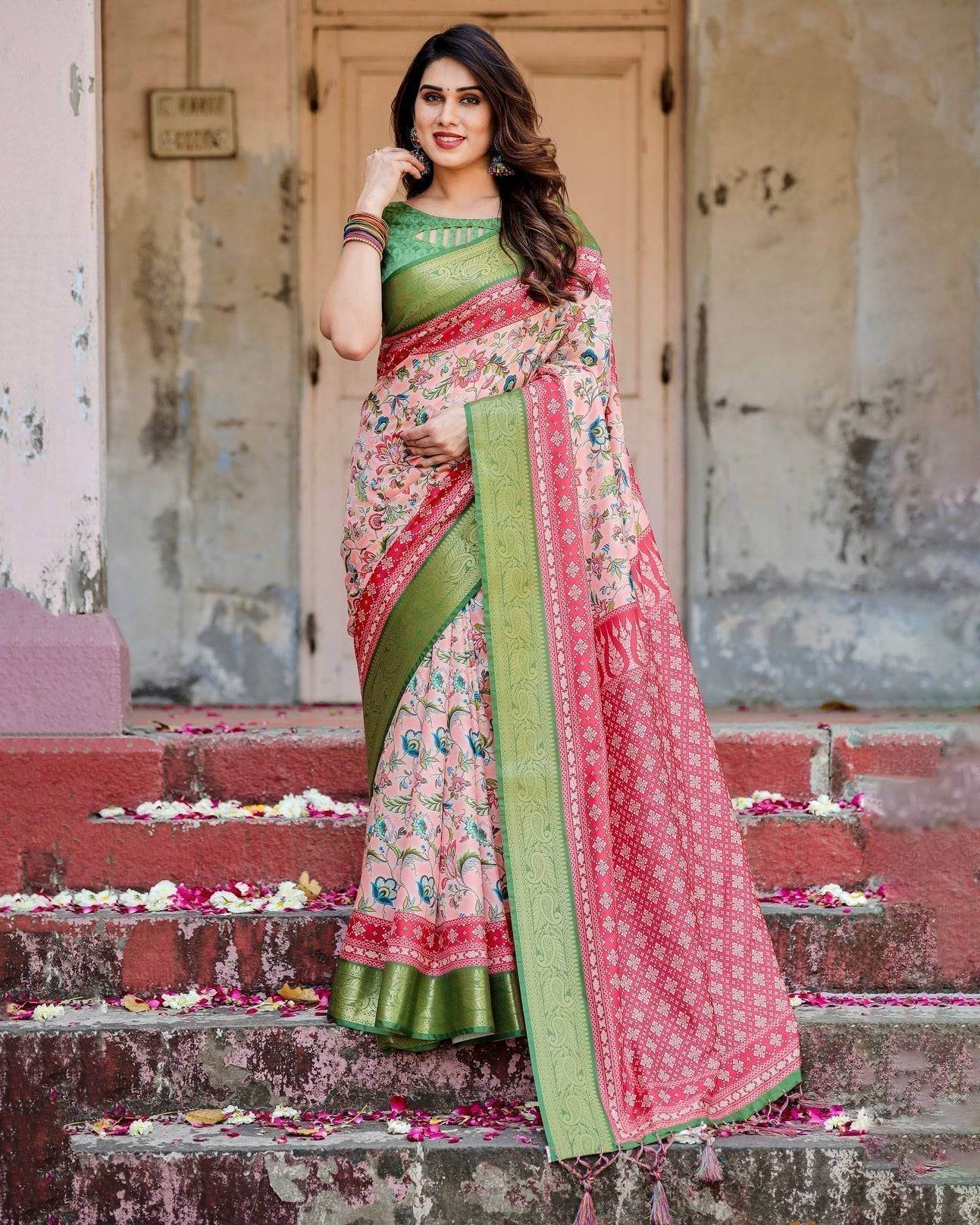 Blush Pink and Green Tussar Silk Saree with Floral Prints and Intricate Zari Work - SEEANS