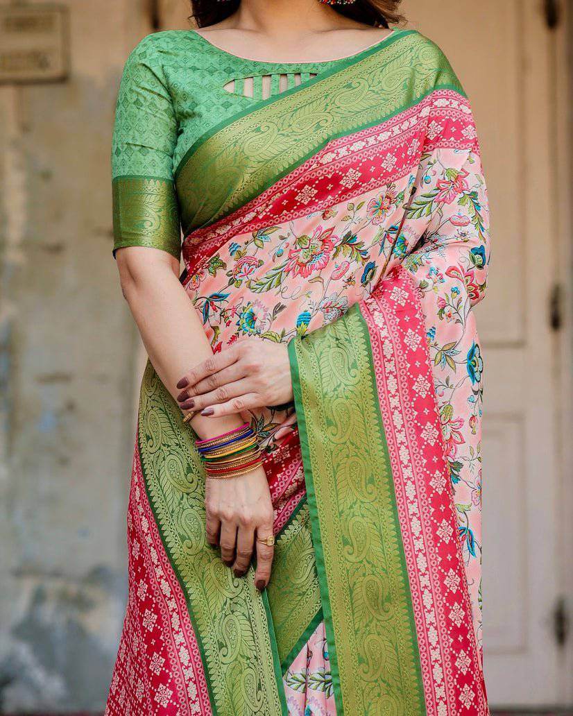Blush Pink and Green Tussar Silk Saree with Floral Prints and Intricate Zari Work - SEEANS