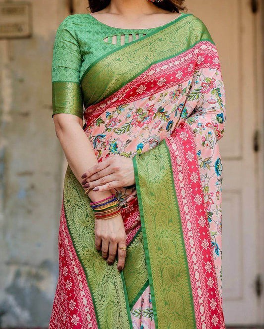 Blush Pink and Green Tussar Silk Saree with Floral Prints and Intricate Zari Work - SEEANS