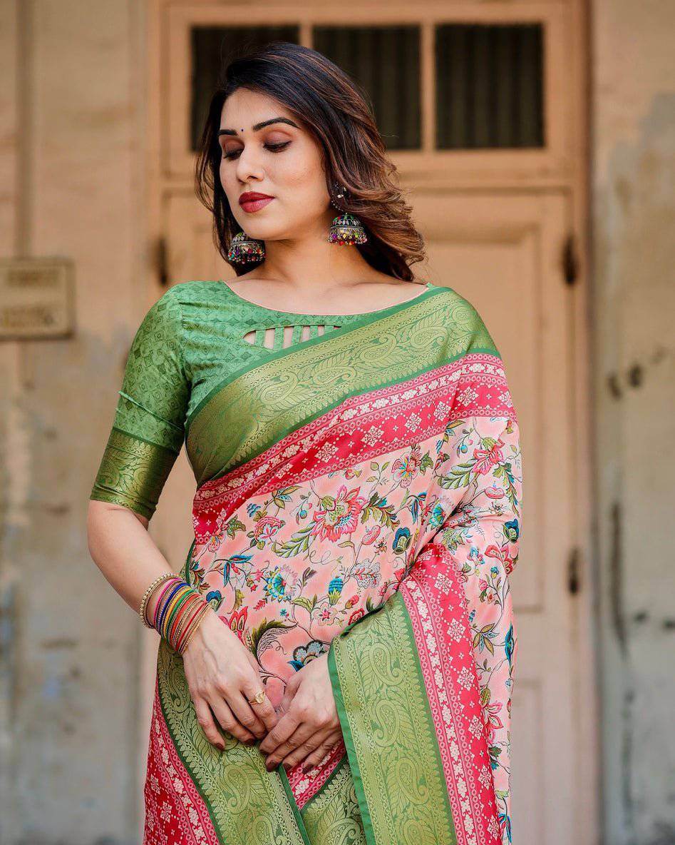 Blush Pink and Green Tussar Silk Saree with Floral Prints and Intricate Zari Work - SEEANS