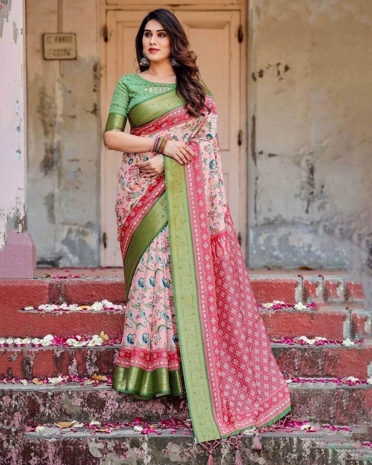 Blush Pink and Green Tussar Silk Saree with Floral Prints and Intricate Zari Work - SEEANS