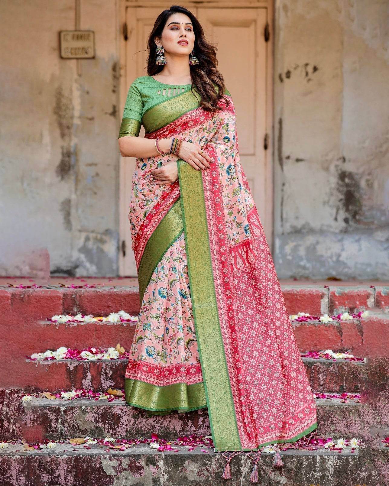 Blush Pink and Green Tussar Silk Saree with Floral Prints and Intricate Zari Work - SEEANS