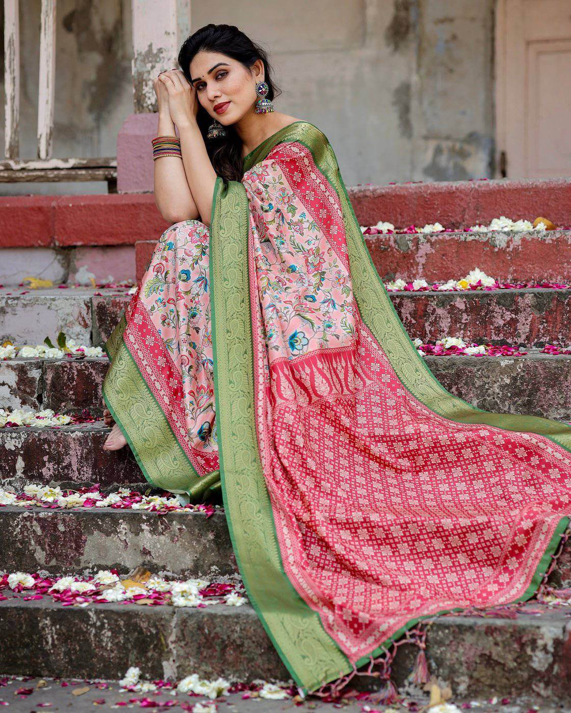 Blush Pink and Green Tussar Silk Saree with Floral Prints and Intricate Zari Work - SEEANS