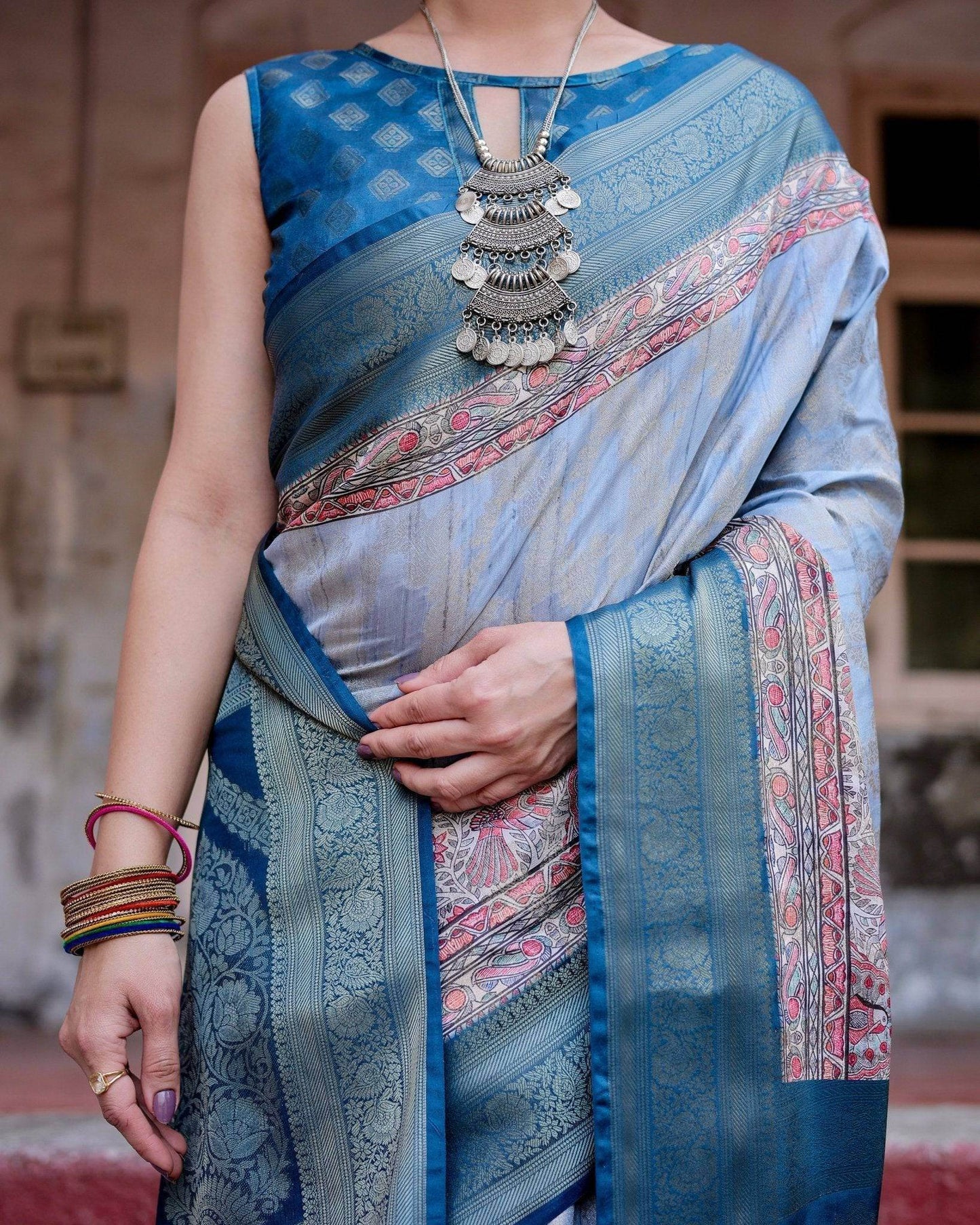 Elegant Blue and Beige Banarasi Silk Saree with Ornate Zari Weaving and Tassels - SEEANS