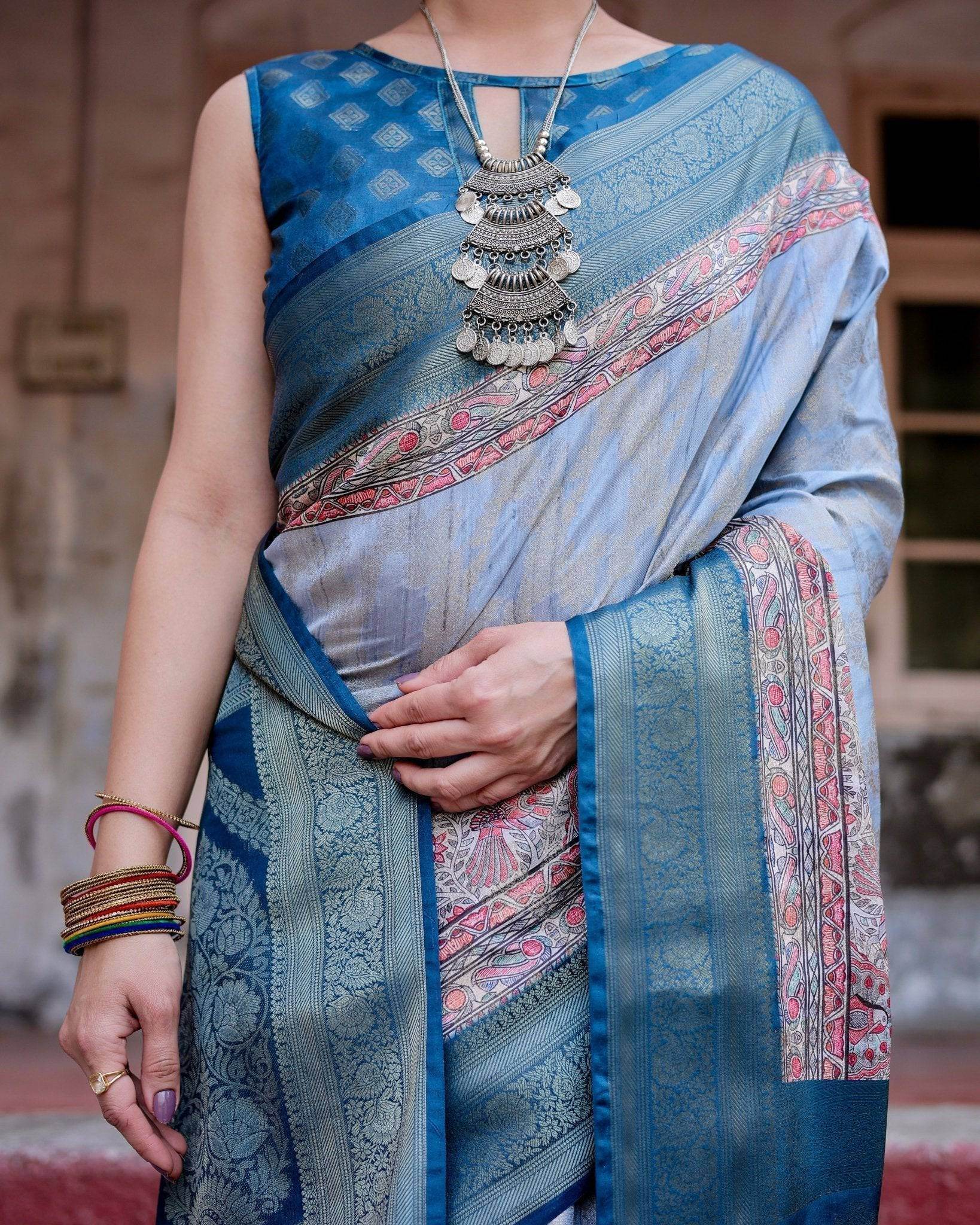 Elegant Blue and Beige Banarasi Silk Saree with Ornate Zari Weaving and Tassels - SEEANS