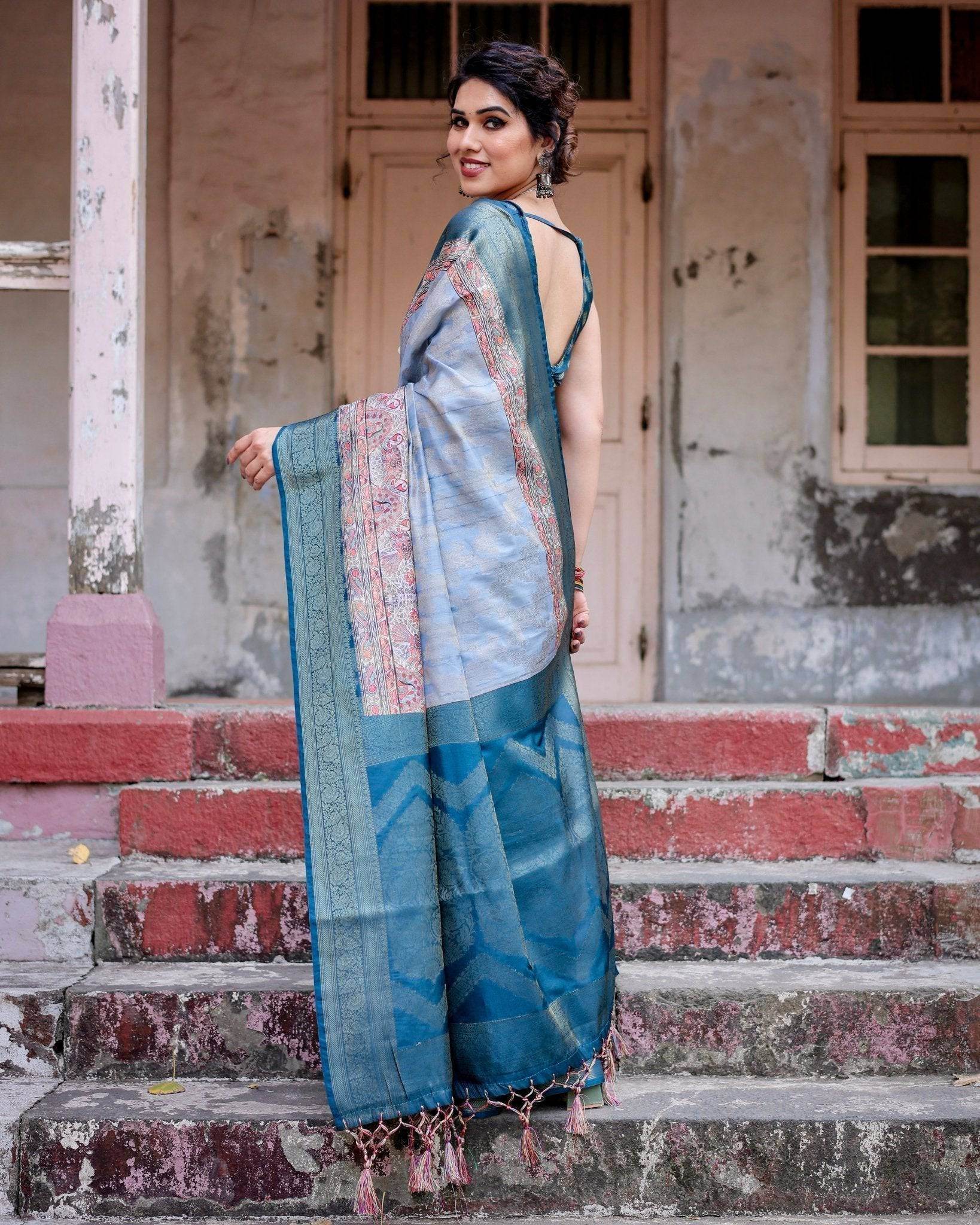 Elegant Blue and Beige Banarasi Silk Saree with Ornate Zari Weaving and Tassels - SEEANS