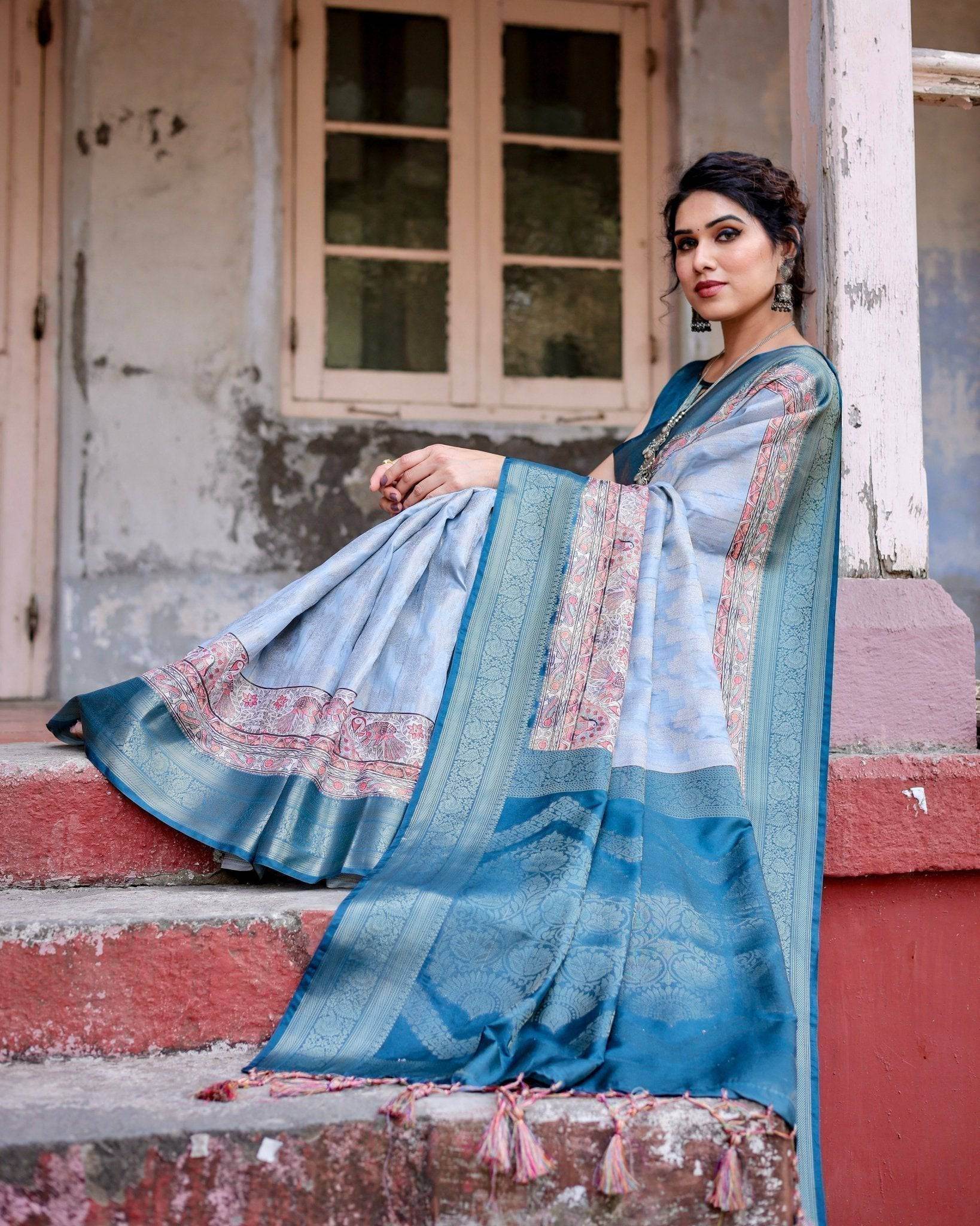 Elegant Blue and Beige Banarasi Silk Saree with Ornate Zari Weaving and Tassels - SEEANS