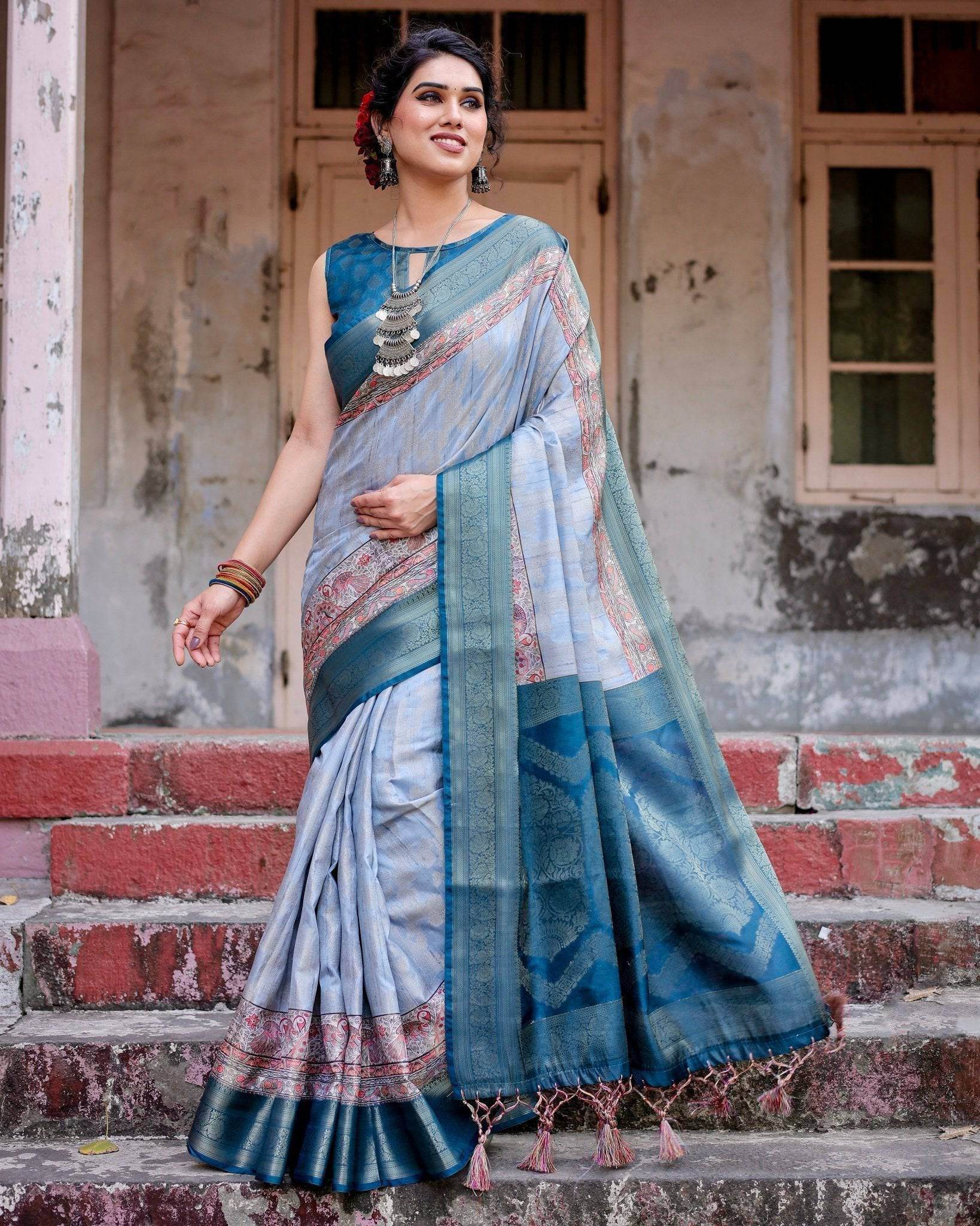 Elegant Blue and Beige Banarasi Silk Saree with Ornate Zari Weaving and Tassels - SEEANS