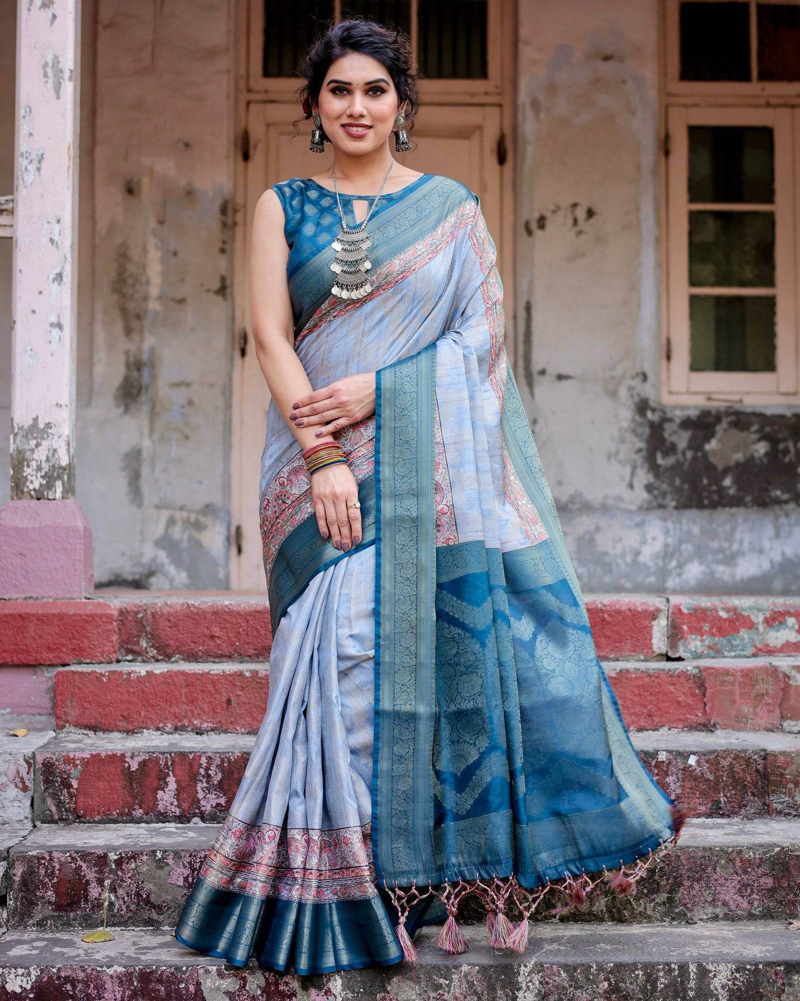 Elegant Blue and Beige Banarasi Silk Saree with Ornate Zari Weaving and Tassels - SEEANS
