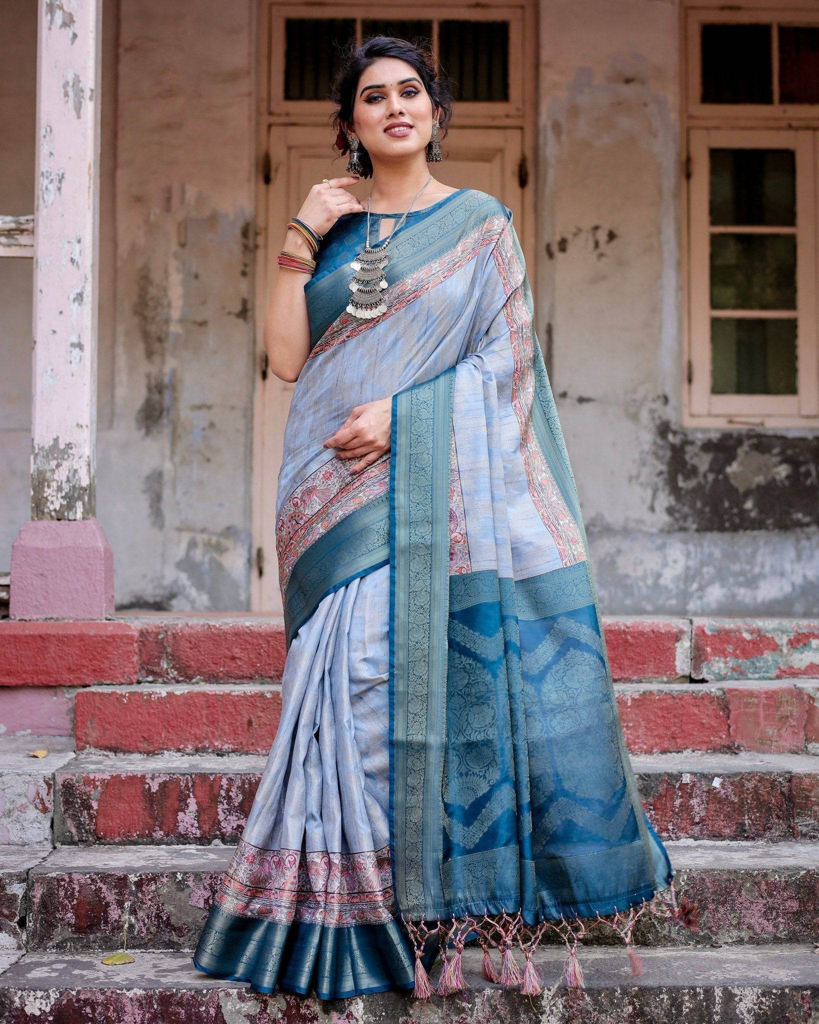 Elegant Blue and Beige Banarasi Silk Saree with Ornate Zari Weaving and Tassels - SEEANS