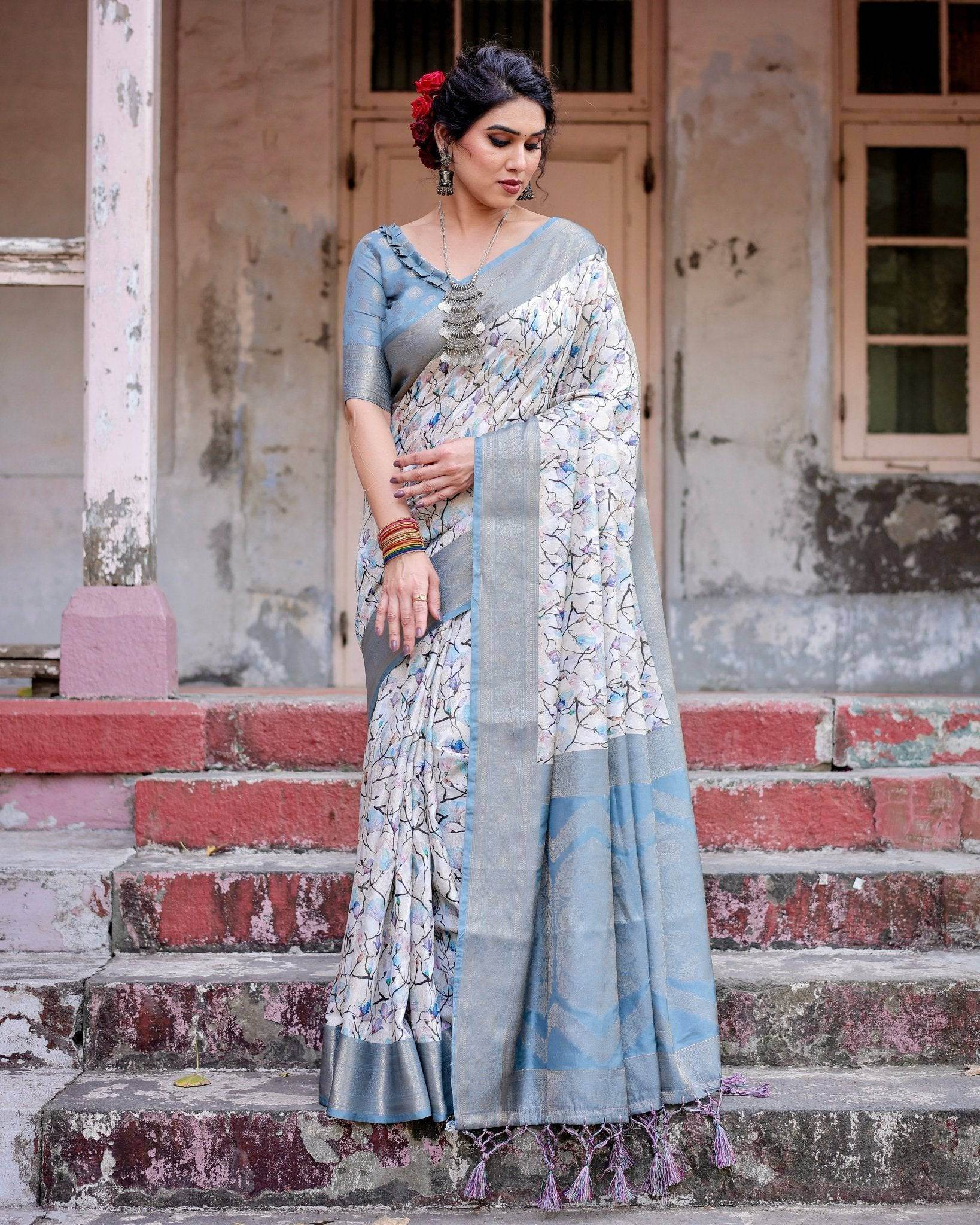 Elegant Light Blue Banarasi Silk Saree with Floral Design and Zari Weaved Pallu - SEEANS