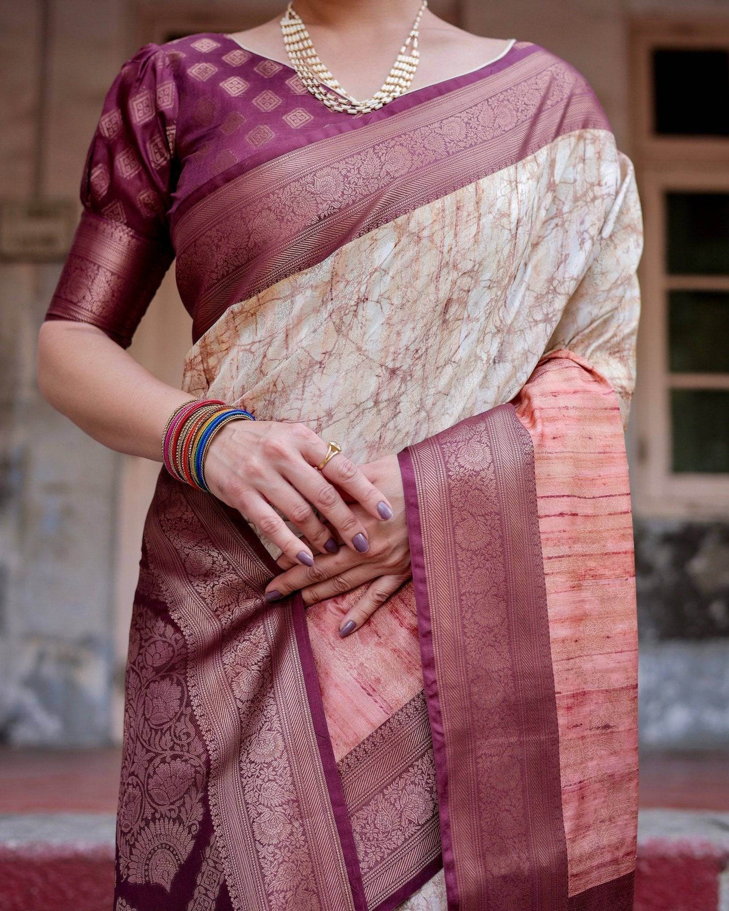 Marble-Print Banarasi Silk Saree in Deep Maroon with Zari Weaving and Tassels - SEEANS