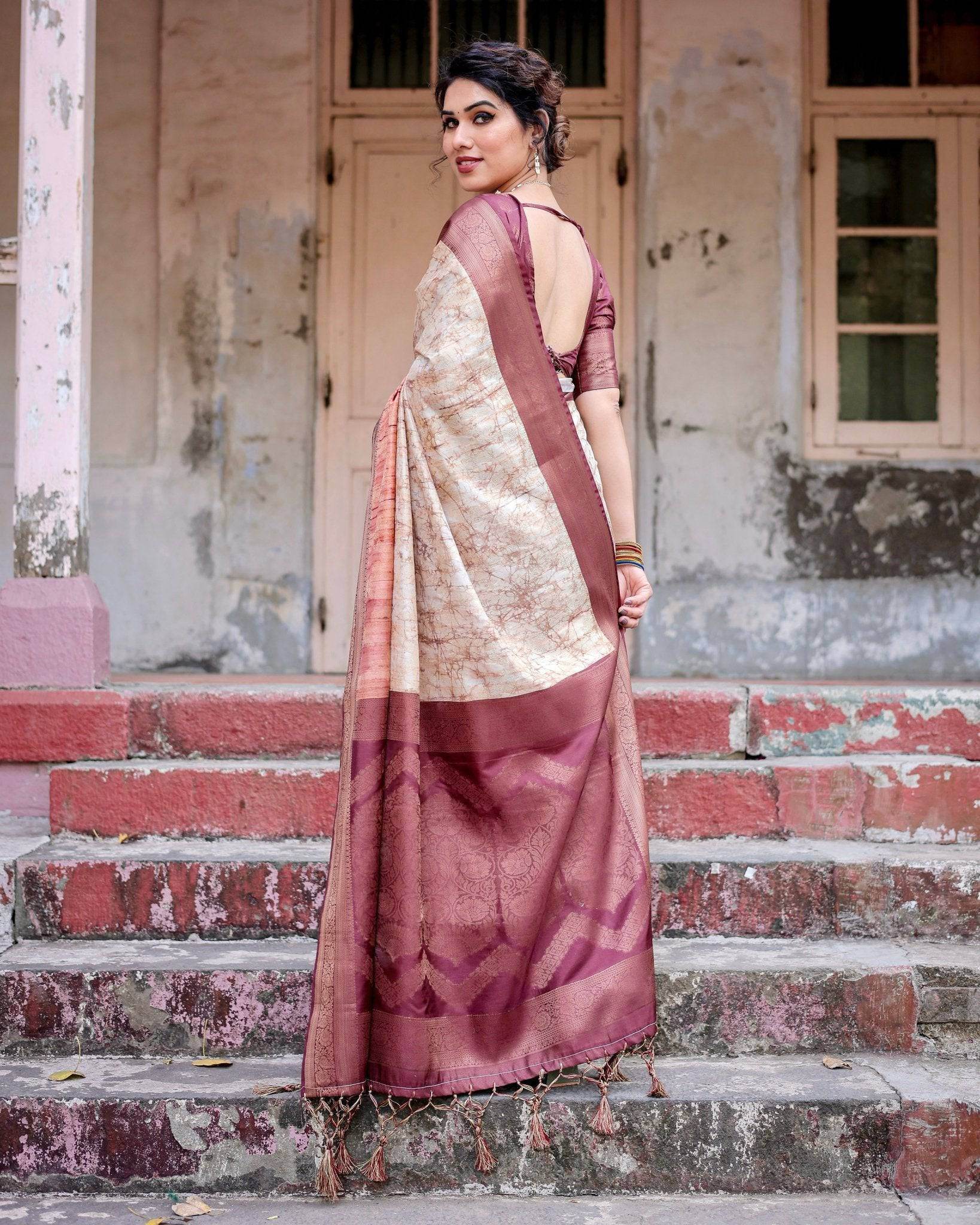 Marble-Print Banarasi Silk Saree in Deep Maroon with Zari Weaving and Tassels - SEEANS