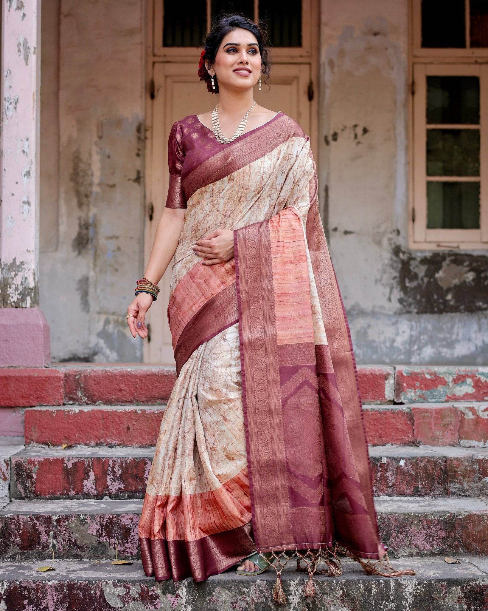 Marble-Print Banarasi Silk Saree in Deep Maroon with Zari Weaving and Tassels - SEEANS