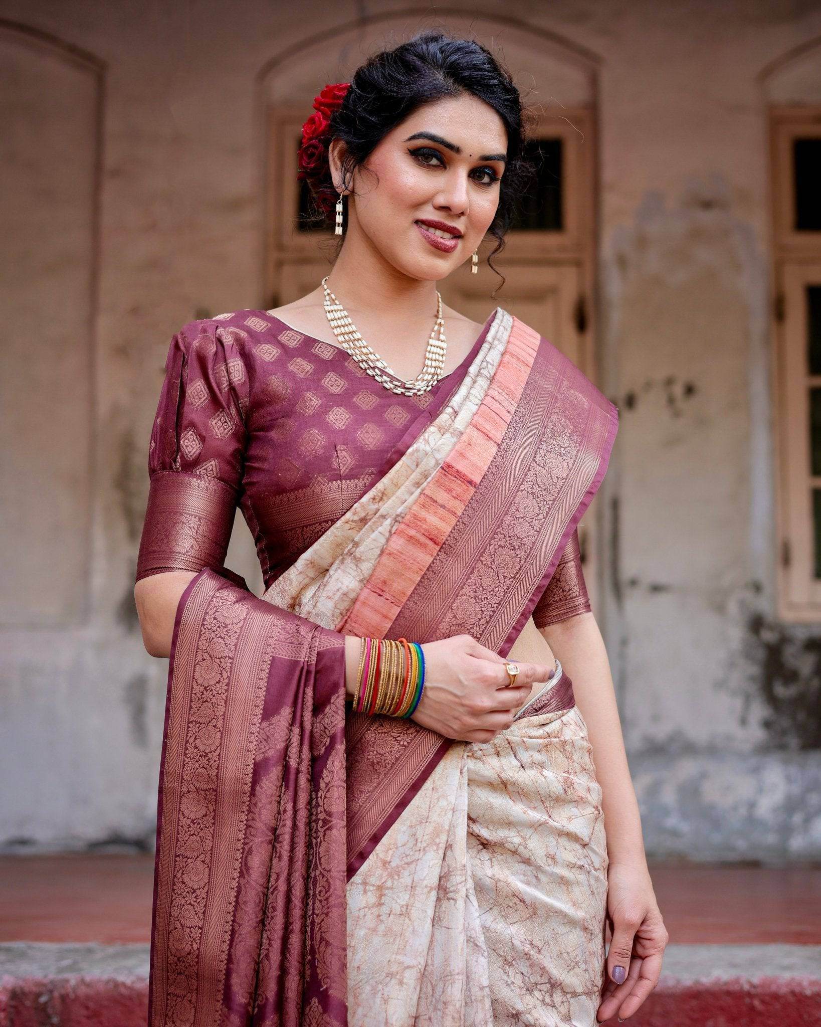Marble-Print Banarasi Silk Saree in Deep Maroon with Zari Weaving and Tassels - SEEANS