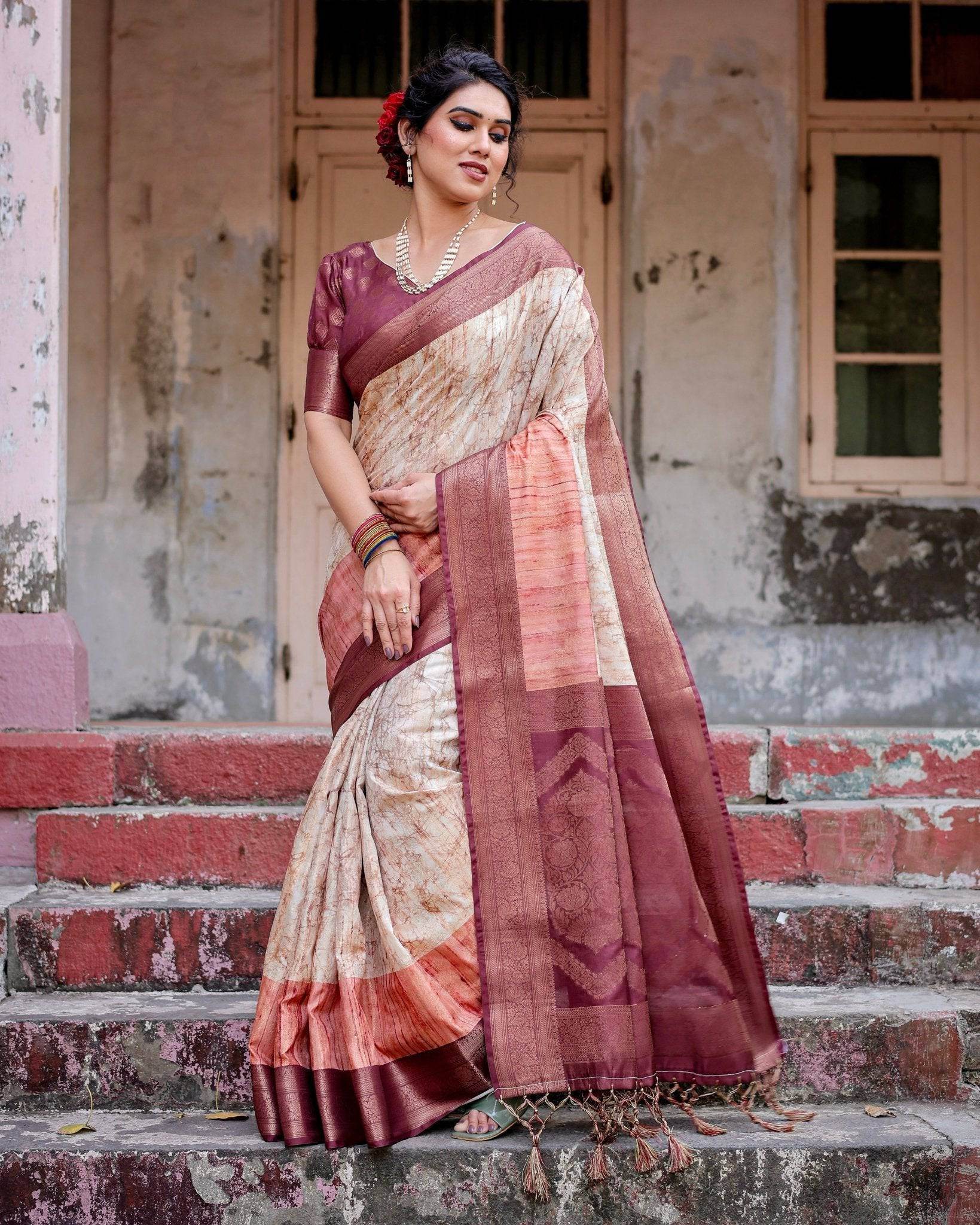 Marble-Print Banarasi Silk Saree in Deep Maroon with Zari Weaving and Tassels - SEEANS