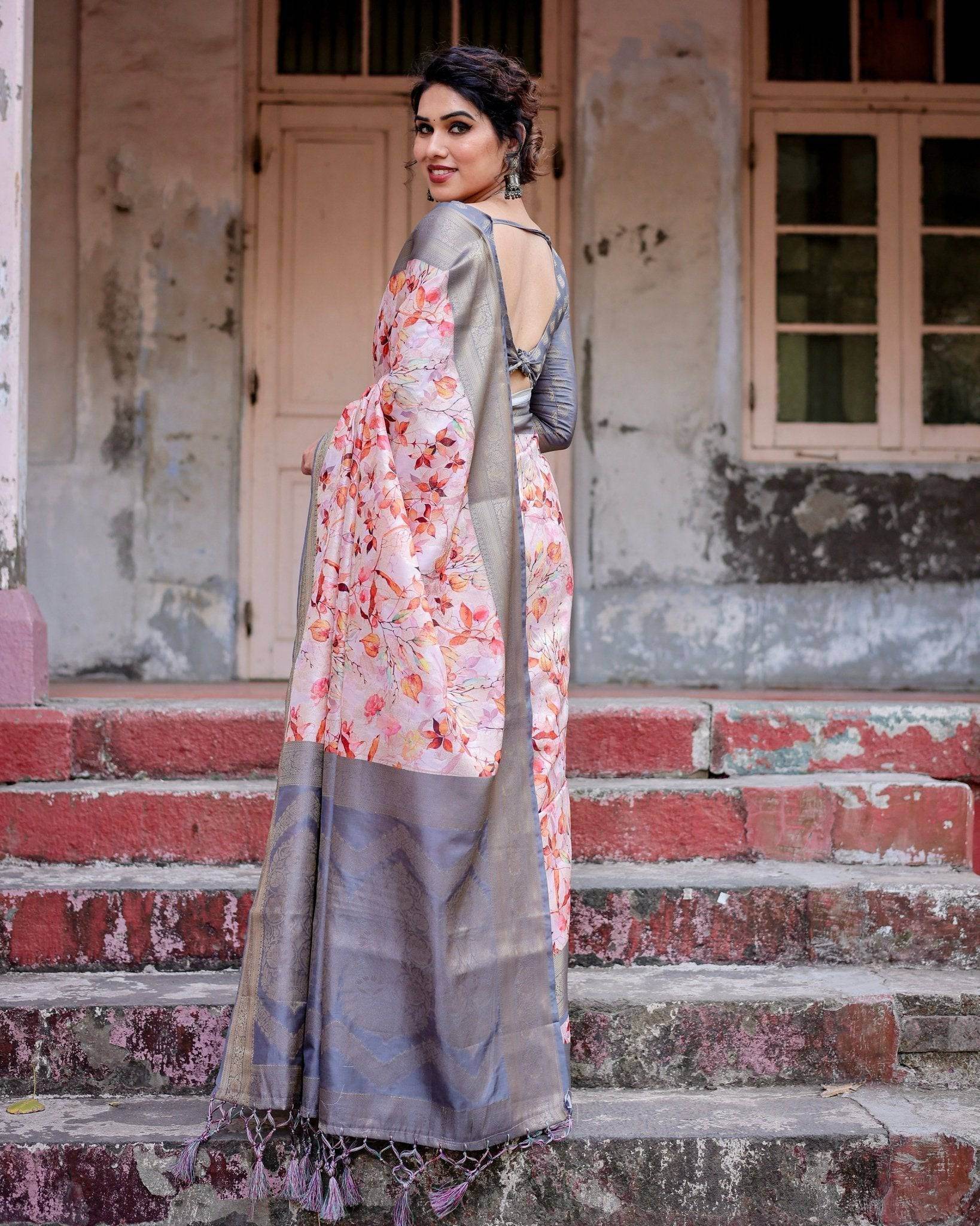 Graceful Grey Banarasi Silk Saree with Floral Elegance and Zari Accents - SEEANS