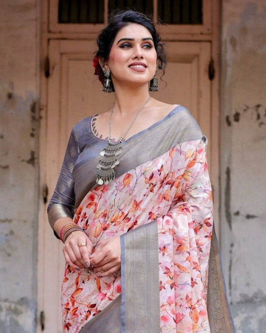 Graceful Grey Banarasi Silk Saree with Floral Elegance and Zari Accents - SEEANS