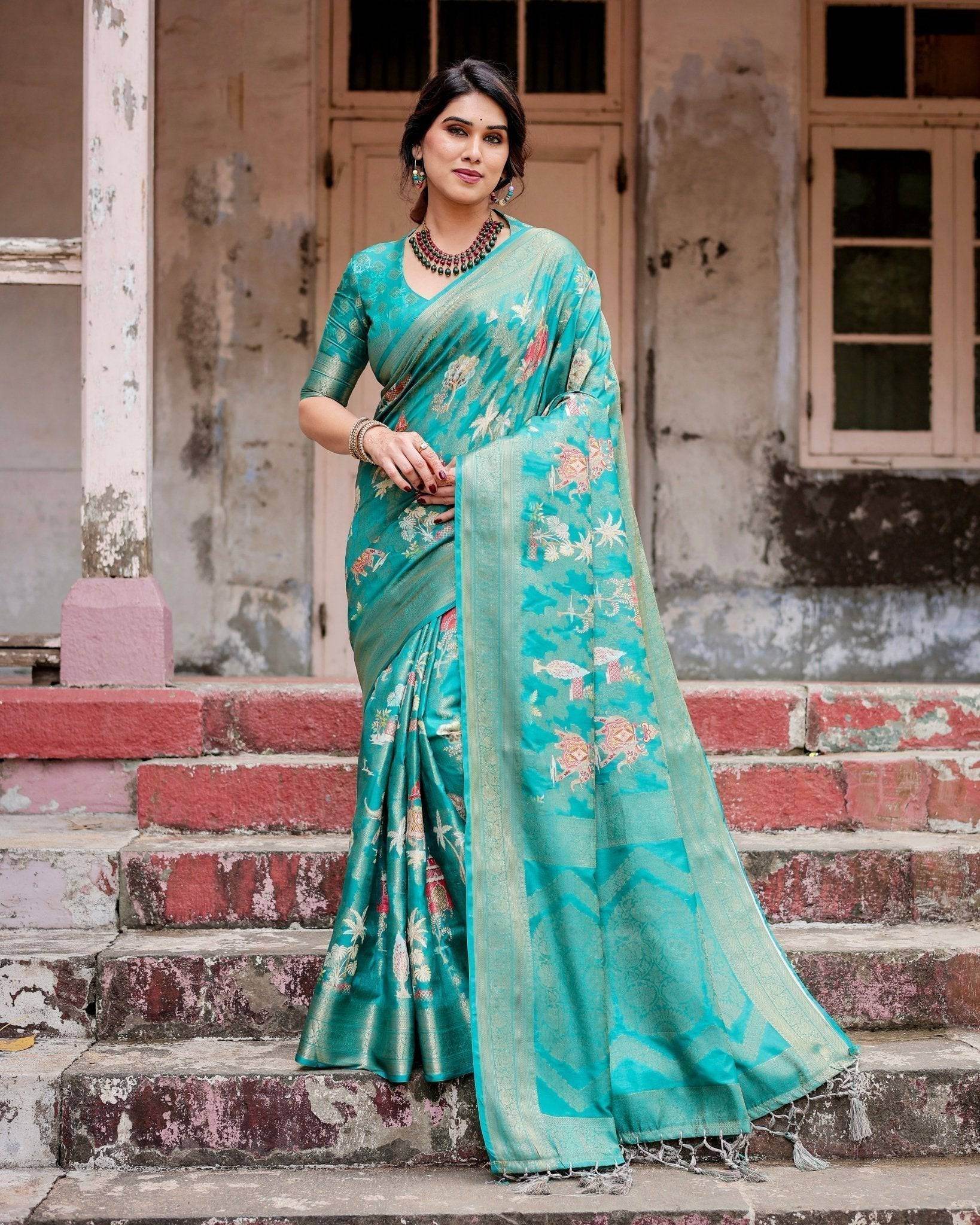 Elegant Teal Green Banarasi Silk Saree with Intricate Zari Weaving and Tassels - SEEANS