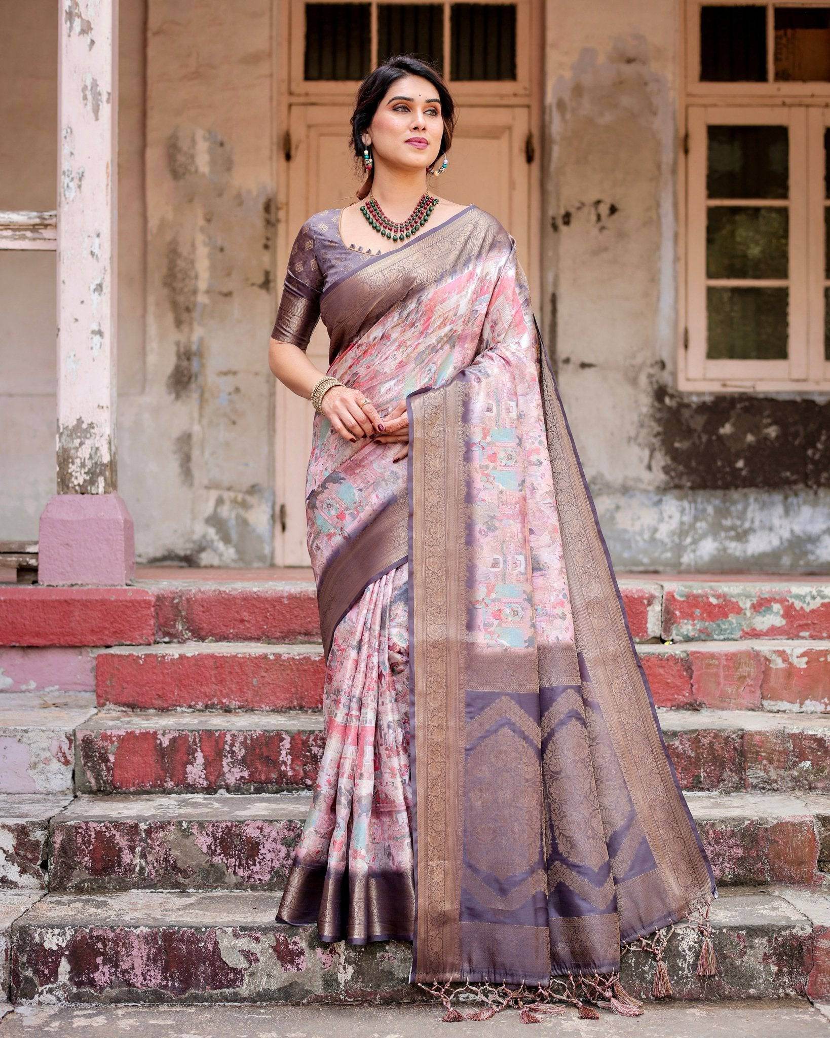 Graceful Lavender Banarasi Silk Saree with Regal Zari Weave and Tassel Detailing - SEEANS