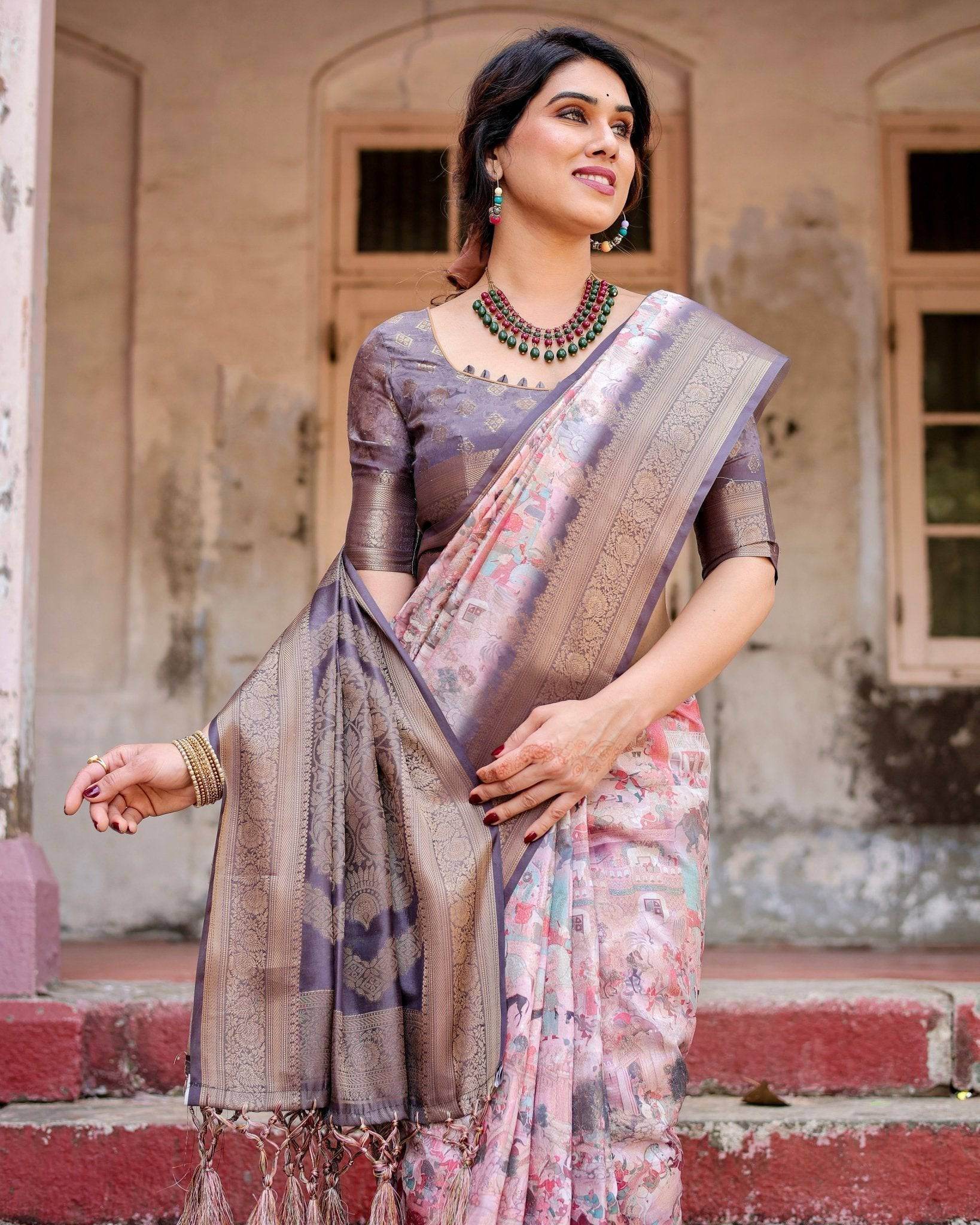 Graceful Lavender Banarasi Silk Saree with Regal Zari Weave and Tassel Detailing - SEEANS
