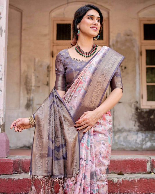 Graceful Lavender Banarasi Silk Saree with Regal Zari Weave and Tassel Detailing - SEEANS